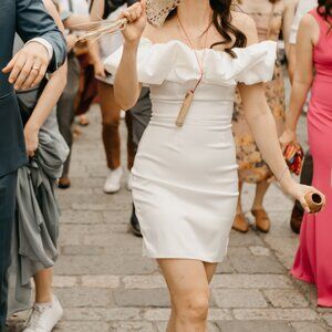 White satin off-shoulder mini dress